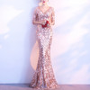 V-neck See-through Back Sequins Party Formal Dress Half Sleeve Sexy Long Evening Dresses, Size:M(Gold)