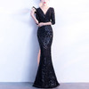 V-neck See-through Back Sequins Party Formal Dress Half Sleeve Sexy Long Evening Dresses, Size:M(Black)