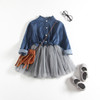 Spring and Summer Girls Long-sleeved Denim Stitching Mesh Dress, Size:120cm(Dark Blue)
