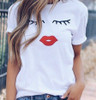 Women Printed Eyelashes Red Lips Joker Casual Short Sleeve T-Shirt, Size:XXL(White)