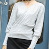 Sexy V-neck Lantern Sleeve Solid Color Sweater, Size: L(Gray )