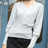 Sexy V-neck Lantern Sleeve Solid Color Sweater, Size: XL(Gray )