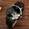 YAZOLE Ladies OL Style Four-leaf Clover Pattern Quartz Watch(338 black plate silver flower brown belt  )