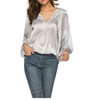 Loose Casual V-neck Solid Color Shirt (Color:Grey Size:M)