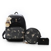 3 in 1 Bow & Embroidered Floral Pattern Double Shoulders School Bag Travel Backpack Bag with Bear Doll Pendant (Black)