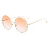 Women Sunglasses Metal Round Frame Pearl Embellished Sunglasses(Gold Frame Champagne Lens)