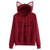 Solid Black Hooded Top Cute Cat Hoodie Warm Womens Sports Sweater, Size:S(Wine Red)