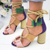Women Shoes Openwork Color Block Hemp Lace Up High Heels, Size:37(Beige)