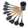 kn082 9 in 1 Wooden Handle Silicone Kitchen Tool Set with Storage Bucket(Black)