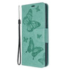 For Galaxy S20+ Embossing Two Butterflies Pattern Horizontal Flip PU Leather Case with Holder & Card Slot & Wallet & Lanyard(Green)