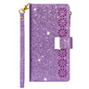 For iPhone 11 Pro Max Multi-card Slots Starry Sky Laser Carving Glitter Zipper Horizontal Flip Leather Case with Holder & Wallet & Lanyard(Purple)