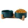 13cm/400ml Cat Bowl Dog Pot Pet Ceramic Bowl, Style:Double Bowl With Wooden Stand(Green)