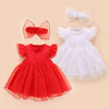 Girls Short-sleeved Mesh Dress With Bow (Color:White Size:50)