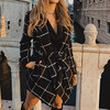 Checked Texture Color Matching Woolen Coat Mid-length Trench Coat Women (Color:Black Size:XXL)