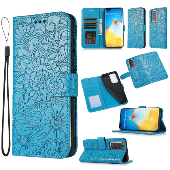 For Huawei P40 Pro Skin Feel Embossed Sunflower Horizontal Flip Leather Case with Holder & Card Slots & Wallet & Lanyard(Blue)