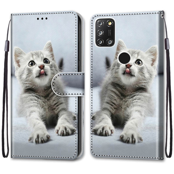 For Alcatel 3X 2020 Coloured Drawing Cross Texture Horizontal Flip PU Leather Case with Holder & Card Slots & Wallet & Lanyard(Small Gray Cat)