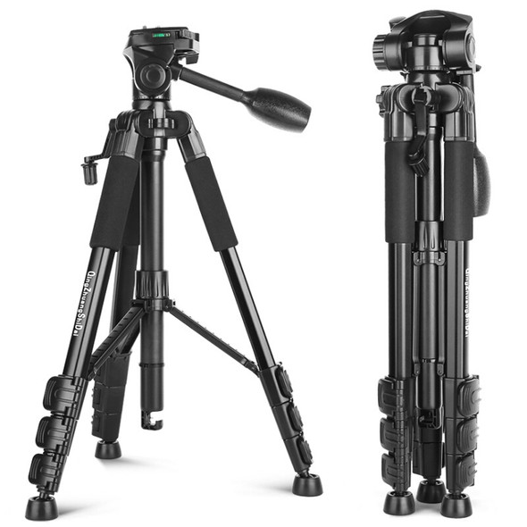 Q111 4-Section Folding Legs Live Broadcast Aluminum Alloy Tripod Mount with Three-dimensional Damping Tripod Heads(Black)