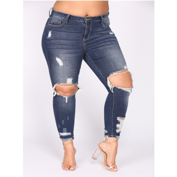 Fashion Ripped Denim Pants (Color:Dark Blue Size:L)