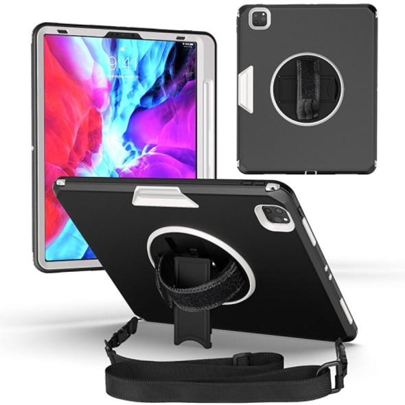 360 Degree Rotation Turntable Robot Shockproof TPU + PC Protective Case with Holder & Hand Grip Strap & Shoulder Strap For iPad Pro 12.9 2020(Black White)