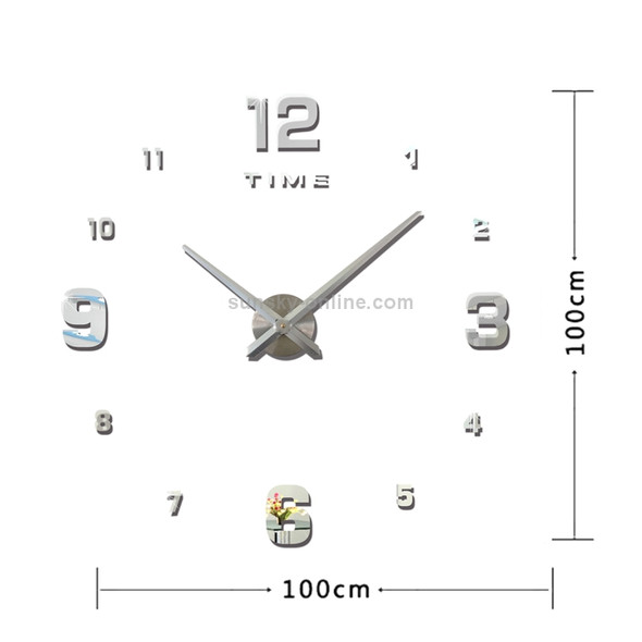 Bedroom Home Decoration Mirrored Number Frameless Large 3D DIY Wall Sticker Mute Clock, Size: 100*100cm(Silver)