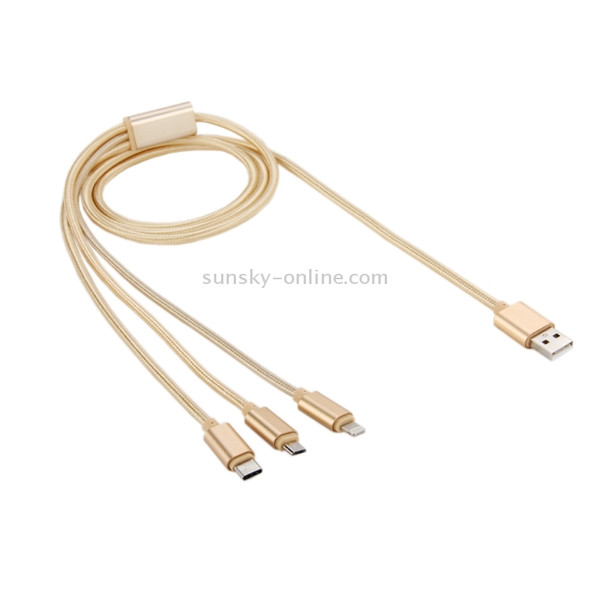 1.2m USB-C / Type-C 3.1 & 8 Pin & Micro USB 5 Pin to USB 2.0 Woven Style Charging Cable, For iPhone / iPad / Galaxy / Huawei / Xiaomi / LG / HTC / Meizu and Other Smart Phones(Gold)