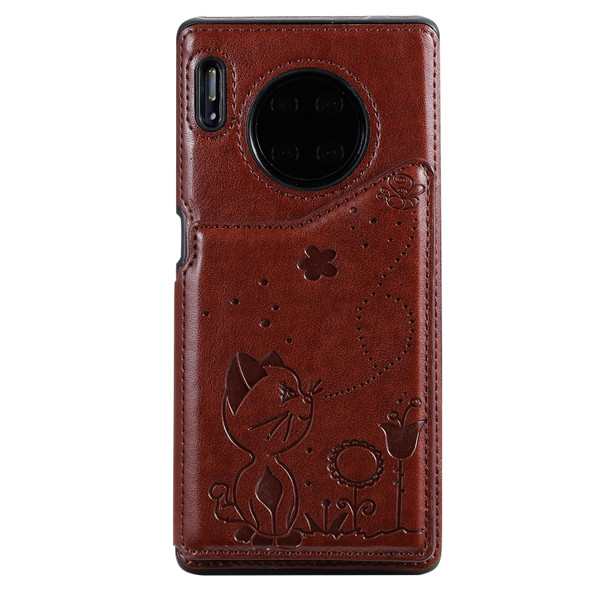 For Huawei Mate30 Pro Cat Bee Embossing Pattern Shockproof Protective Case with Card Slots & Photo Frame(Brown)