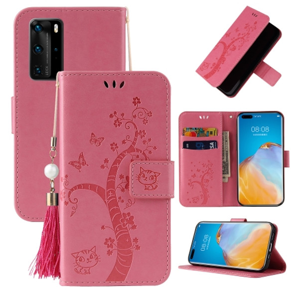 For Huawei P40 Pro Embossed Lucky Tree Horizontal Flip Leather Case with Holder & Card Slot & Wallet & Lanyard(Pink)