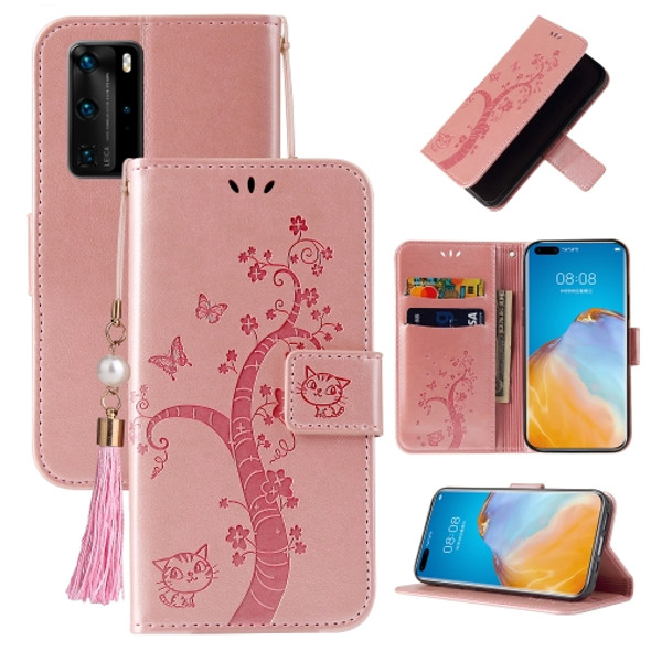 For Huawei P40 Pro Embossed Lucky Tree Horizontal Flip Leather Case with Holder & Card Slot & Wallet & Lanyard(Rose Gold)