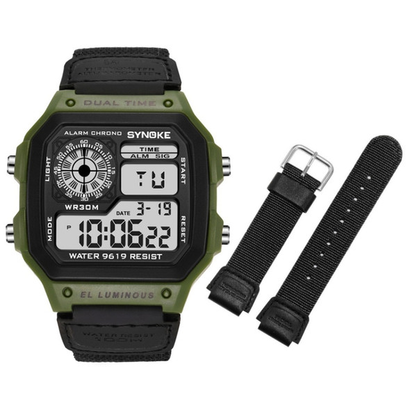 SYNOKE 9619B Nylon Canvas Strap Luminous Waterproof Digital Watch(Green Head Black Belt)