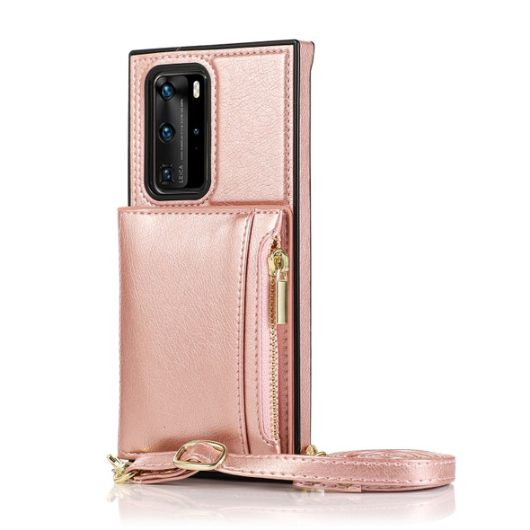 For Huawei P40 Pro Square Zipper Wallet Bag TPU+PU Back Cover Case with Holder & Card Slots & Wallet & Cross-body Strap(Rose Glod)