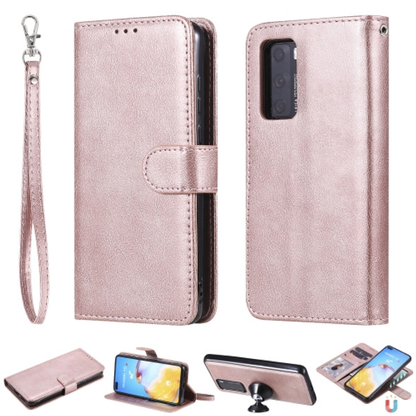 For Huawei P40 2 in 1 Solid Color Detachable PU Leather Case with Card Slots & Magnetic Holder & Photo Frame & Wallet & Strap(Rose Gold)