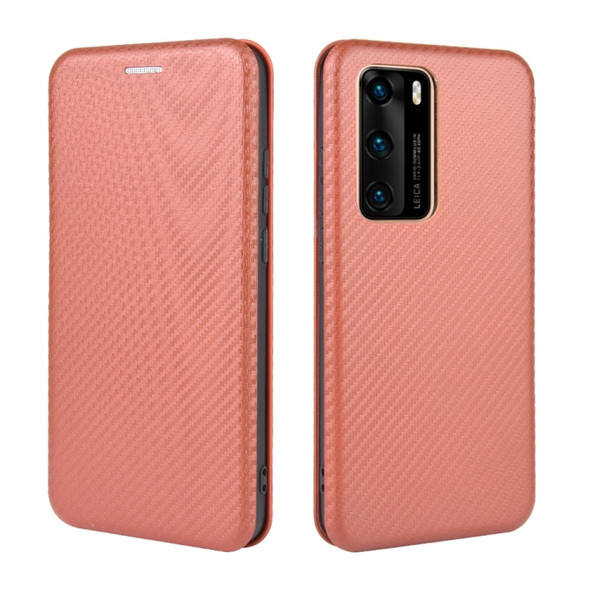 For Huawei P40 Carbon Fiber Texture Magnetic Horizontal Flip TPU + PC + PU Leather Case with Card Slot(Brown)