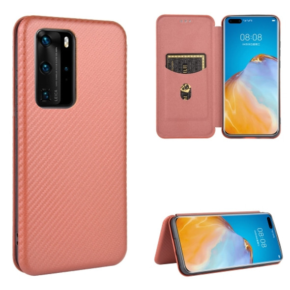 For Huawei P40 Pro Carbon Fiber Texture Magnetic Horizontal Flip TPU + PC + PU Leather Case with Card Slot(Brown)