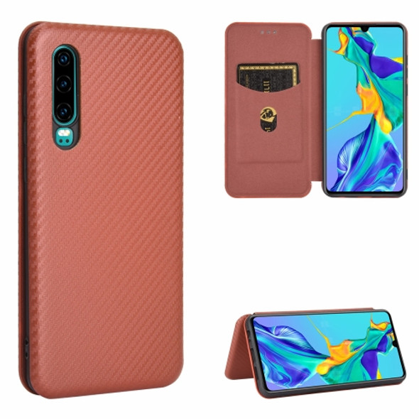 For Huawei P30 Carbon Fiber Texture Magnetic Horizontal Flip TPU + PC + PU Leather Case with Card Slot(Brown)