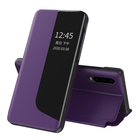 For Huawei P30 Side Display Shockproof Horizontal Flip Leather Case with Holder & Call Answering Function & Sleep / Wake-up(Purple)