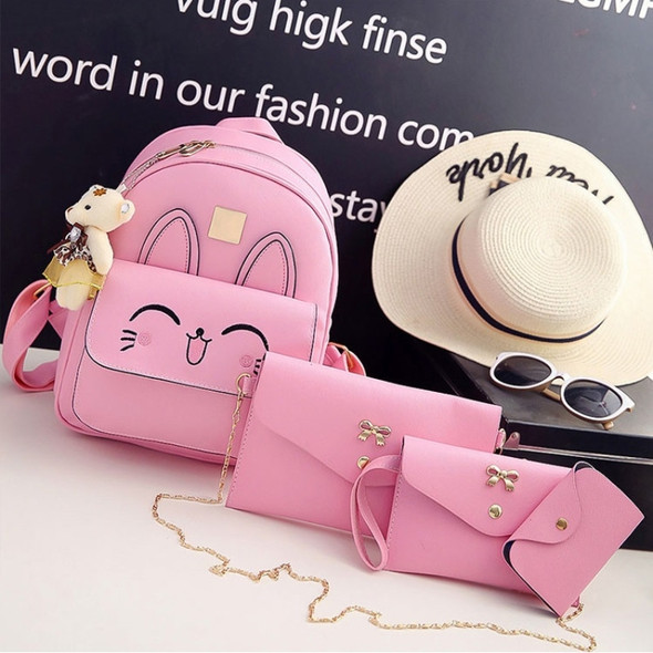4 in 1 Rabbit pattern PU Leather Double Shoulders School Bag Travel Backpack Bag with Bear Doll Pendant (Pink)
