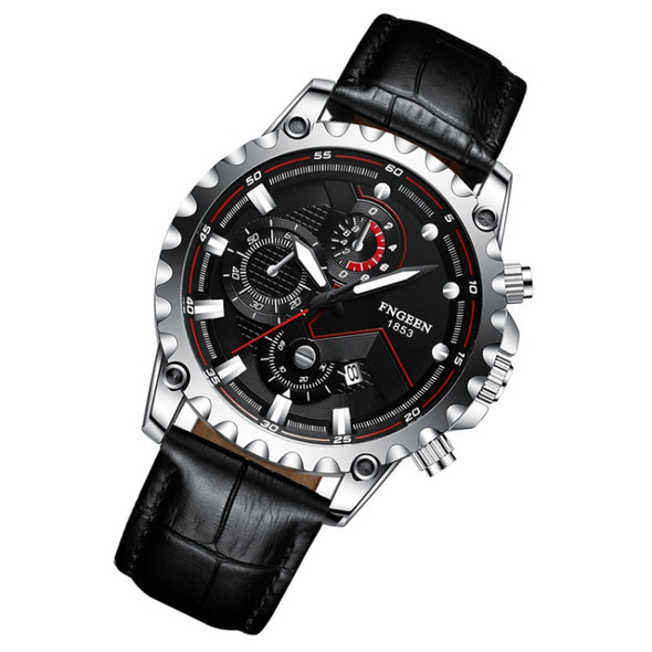 FNGEEN 5055 Men Waterproof Sports Fashion Stainless Steel Watch(Black Leather White Steel Black Surface)