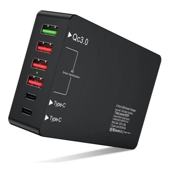 JD-349340 60W Max 6 Ports USB Charger 2 x Type-C + QC3.0 Quick Charge Adapter(US Plug)
