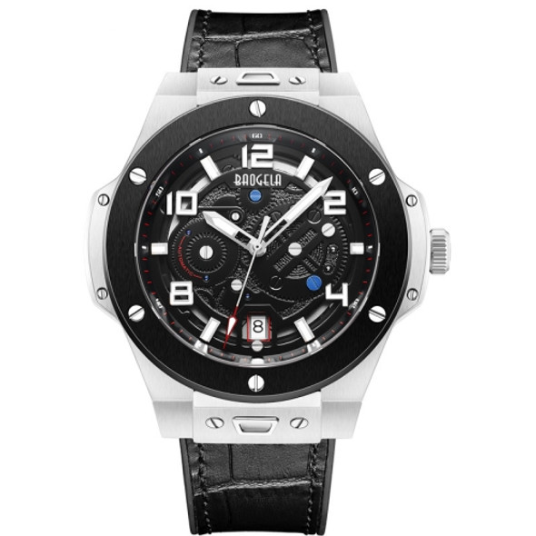 BAOGELA 2001 Luminous Calendar Leather Strap Mechanical Watch For Men(Black Silver)