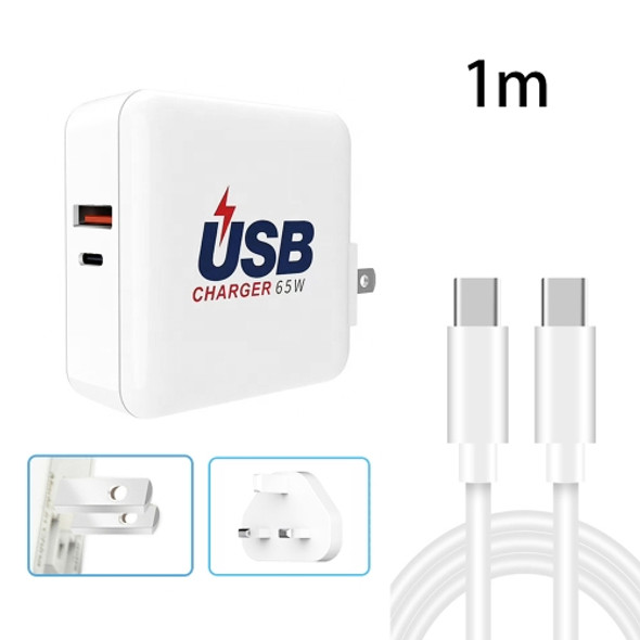 A6 65W QC 3.0 USB + PD USB-C / Type-C Dual Fast Charging Laptop Adapter + 1m USB-C / Type-C to USB-C / Type-C Data Cable Set for MacBook Series, US Plug + UK Plug
