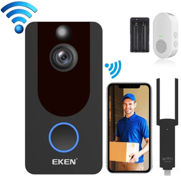 EKEN V7 1080P Wireless WiFi Smart Video Doorbell, Support Motion Detection & Infrared Night Vision & Two-way Voice, Package 5: Doorbell + Dual Slots Battery Charger + Chime + WiFi Repeater(Black)