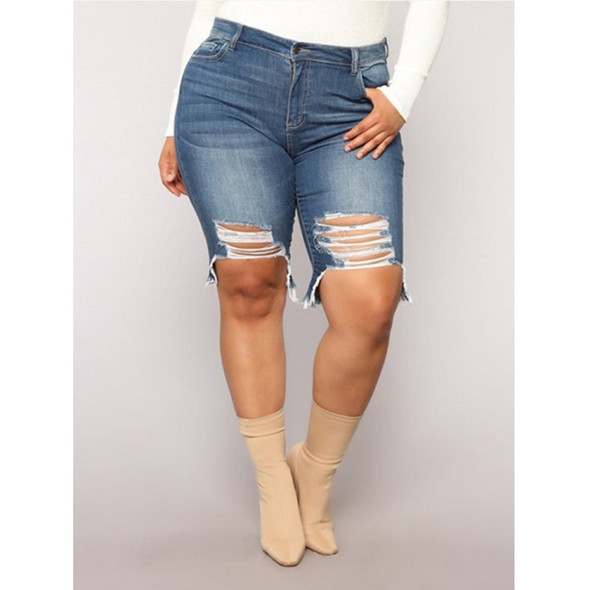 Plus Sized Ripped Denim Shorts (Color:Dark Blue Size:L)
