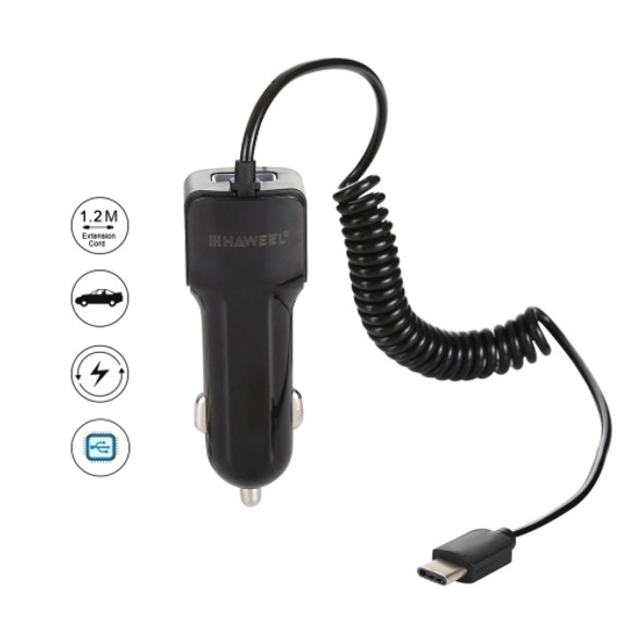 HAWEEL 5V 3.1A USB-C / Type-C Car Charger with Spring Cable, Length: 30cm-120cm, For Galaxy S8 & S8+ / LG G6 / Huawei P10 & P10 Plus / Xiaomi Mi 6 & Max 2 and other Smartphones