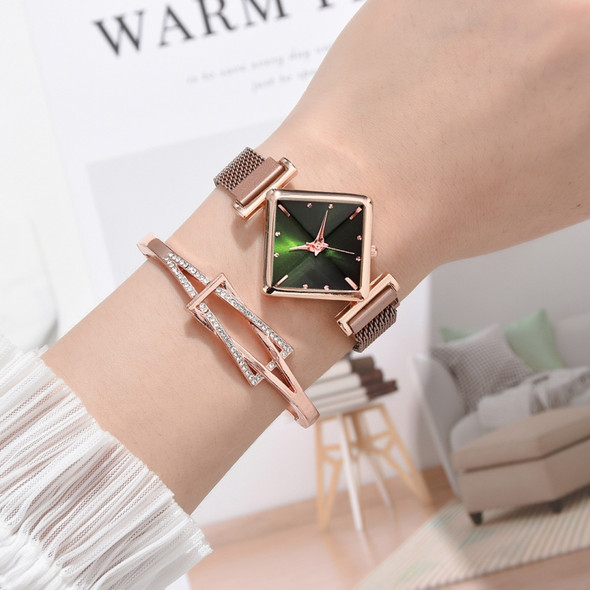 2 PCS Ladies Diamond Dial Quartz Watch, Colour: Rose Gold Green + Bracelet