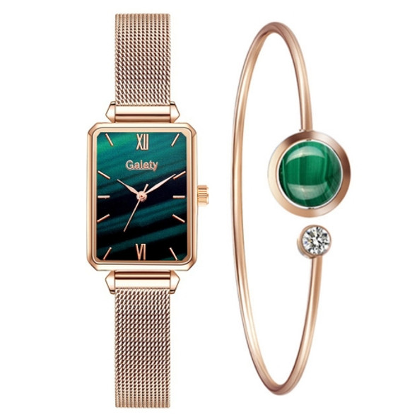 GAIETY G690 Retractable Magnet Buckle Ladies Mesh Belt Small Square Dial Bracelet Watch(Rose Gold Green Dial + H138)