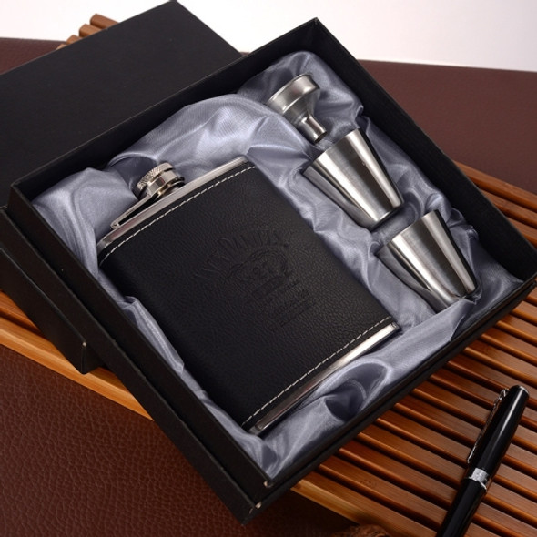 Portable Stainless Steel Hip Flask Set With Wine Glass Funnel, Style: 7OZ Black Leather Jack Gray