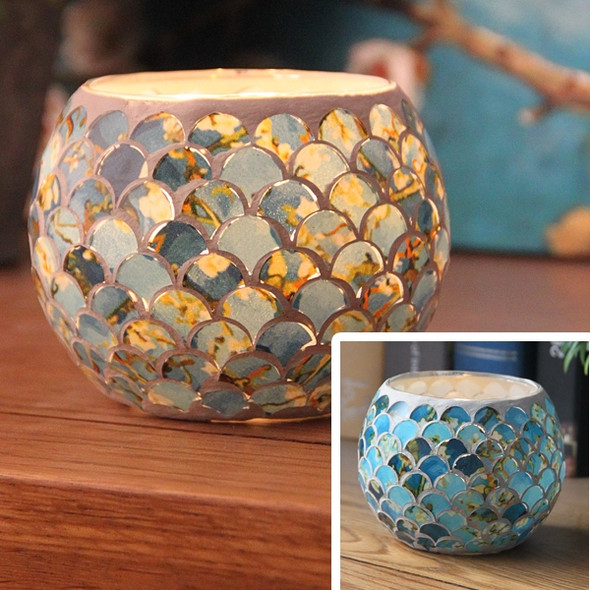 Mosaic Glass Candlestick Retro Ornaments Gift Bar Candle Cup Home Accessories(Blue Fish Scale)