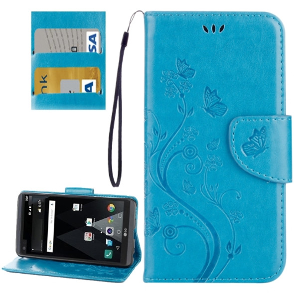 For LG V20 Butterflies Love Flowers Embossing Horizontal Flip Leather Case with Holder & Card Slots & Wallet & Lanyard(Blue)