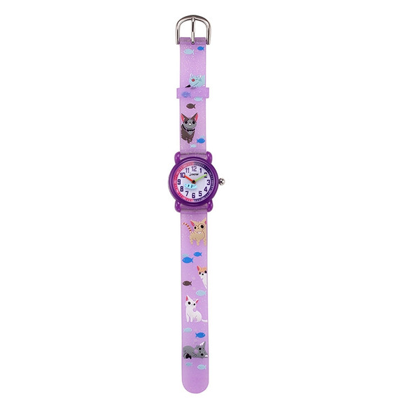 JNEW A335-86264 Children Cartoon 3D Kitten Catching Fish Silicone Waterproof Quartz Watch(Purple)