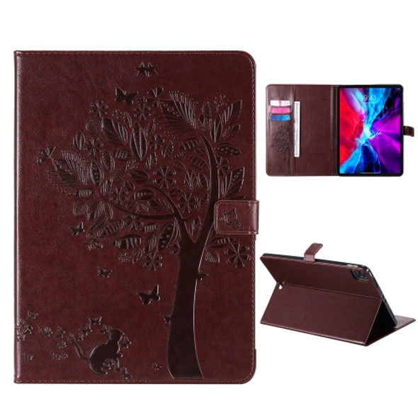 For iPad Pro 11 (2020) Pressed Printing Cat and Tree Pattern Horizontal Flip Leather Tablet Case with Holder & Card Slots & Wallet(Coffee)
